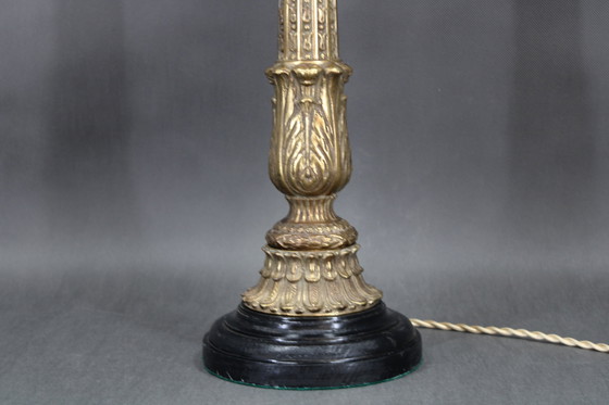 Image 1 of 1940s Restored Brass Table Lamp with Wooden Base and Glass Shade