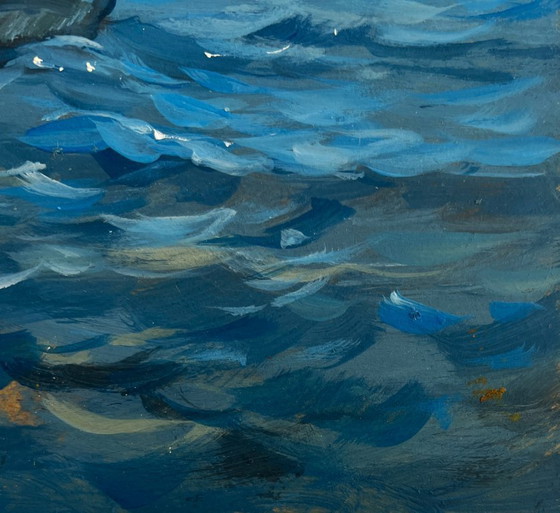 Image 1 of Origineel olieverfschilderij: Avondlandschap aan de rivier. 's Avonds in een boot.