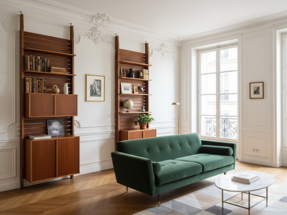 Image 1 of Meuble mural italien en teck des années 1950, allant du sol au plafond