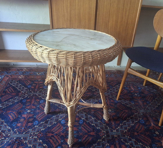 Image 1 of Circular Bamboo and Faux Marble Wine or Coffee Table, 1960s