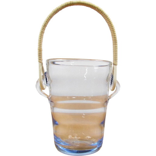 Secchiello per il ghiaccio vintage in vetro ondulato e rattan di Per Lütken per Holmgaard, Danimarca, anni '60