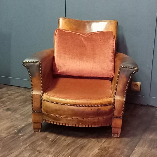Fauteuil en cuir français – Art déco avec façade rectangulaire – Leather, Wood