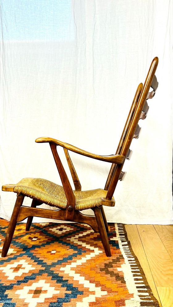 Image 1 of De Ster Gelderland landelijke brutalist midcentury kersenhouten stoel met rieten zitting