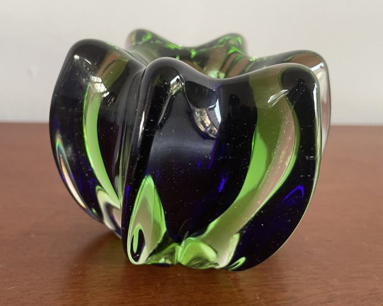 Image 1 of Murano - star-shaped green and cobalt blue glass candlestick
