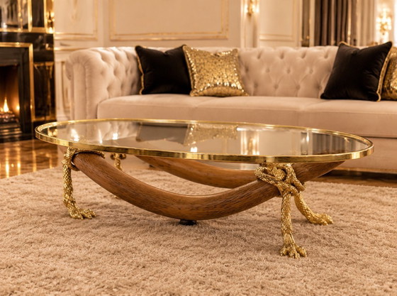 Spanish 1970s Signed Valenti Faux Elephant Tusk Table with Glass Top and Solid Bronze Detailing (photo 4 of 15)