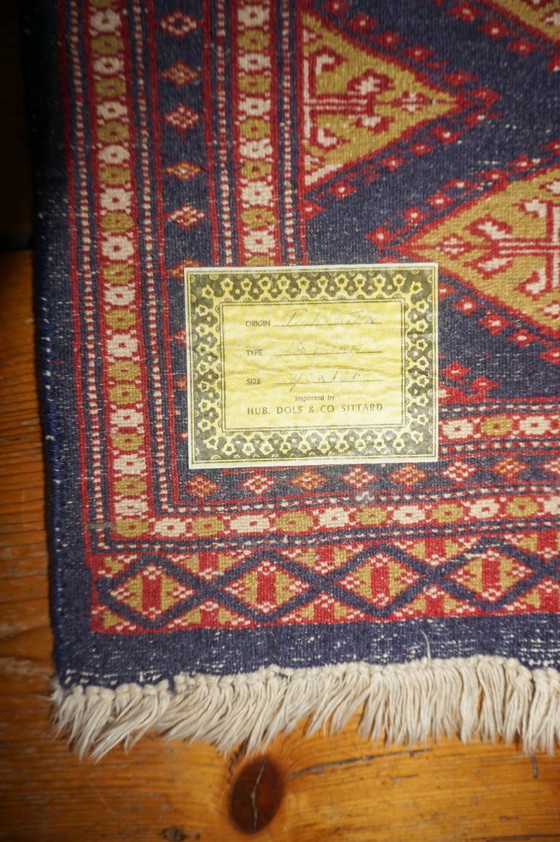 Image 1 of pakistani bokhara runner rug * vintage wool hallway carpet * red blue tribal narrow runner 