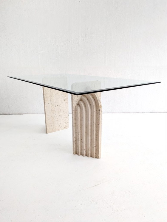 Image 1 of Travertine & Glass Dining Table with Sculpted Legs 1970s