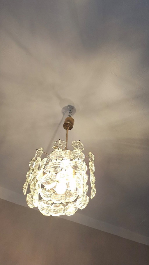 Kinkeldey Brass and Faceted Glass 3-Level Chandelier, 1960s