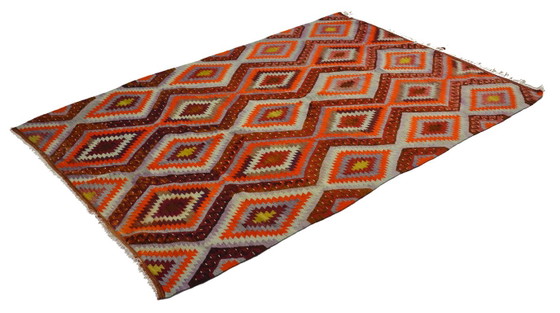 Tappeto turco vintage Usak Kilim 257x170 cm – Tessuto a mano in lana con audace motivo geometrico a rombi, (photo 8 of 10)