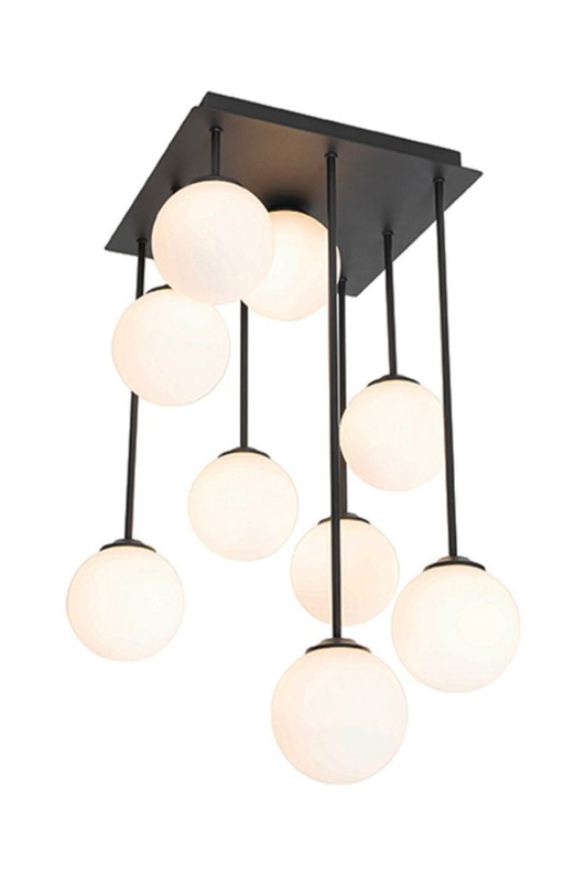 Plafón negro con cristal opal, 9 luces