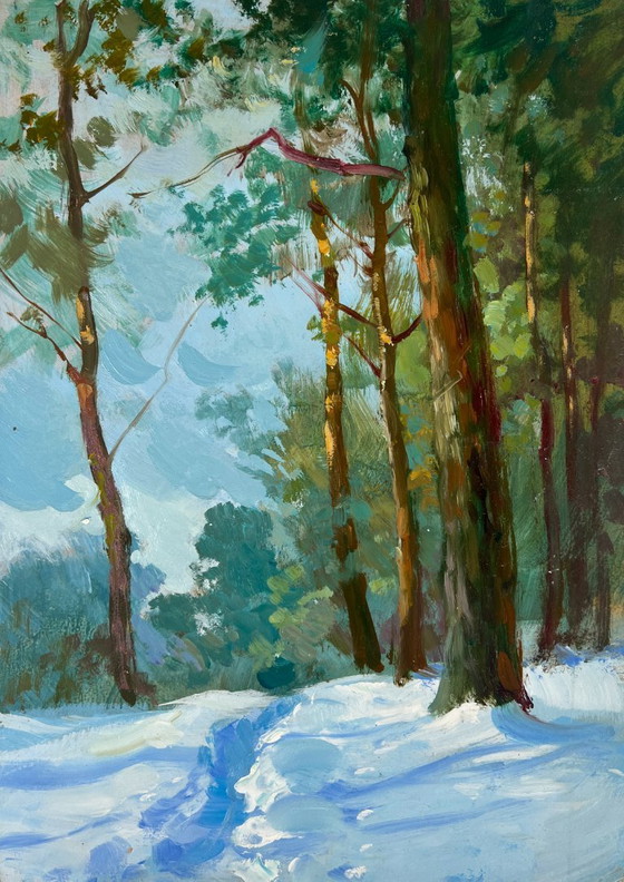 Image 1 of Peinture à l'huile originale Paysage d'arbres enneigés Silence hivernal de la forêt