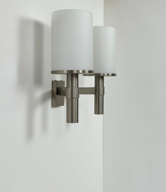 Image 1 of Aplique doble Perzel, modelo 1141, metal y cristal opalino, Francia, 1960