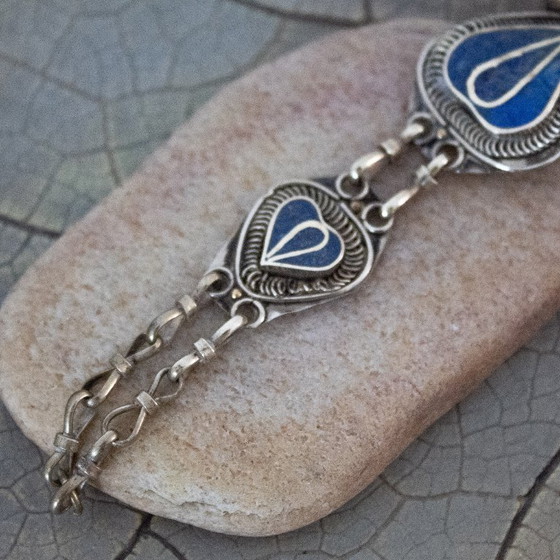 Image 1 of Boho Vintage Bracelet with Links and Lapis Lazuli Inlay: Set in Tibetan silver