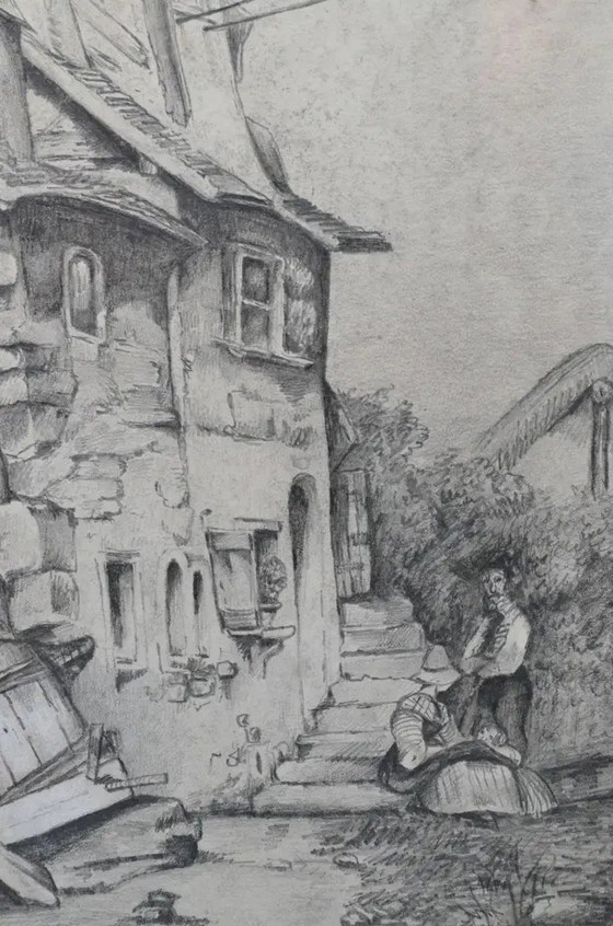 Disegno a carboncino attribuito a Jacques Moulinier (1753–1828) — Figure davanti a una casa a graticcio (photo 4 of 14)