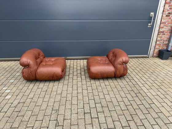 Image 1 of Cassina Soriana original de los años 70 de 4 plazas + 2x1 plazas Tobia & Afra Scarpa en cuero coñac
