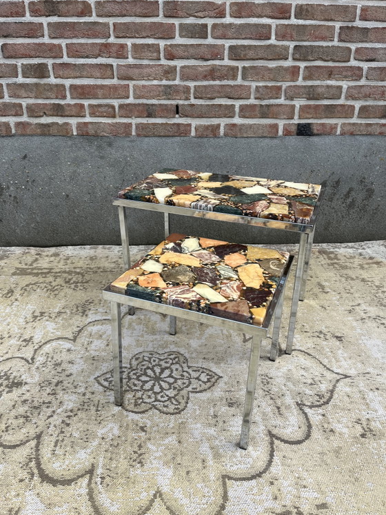 Tavolini laterali vintage cromati con piano in onice e marmo – Iron, Marble (photo 4 of 11)