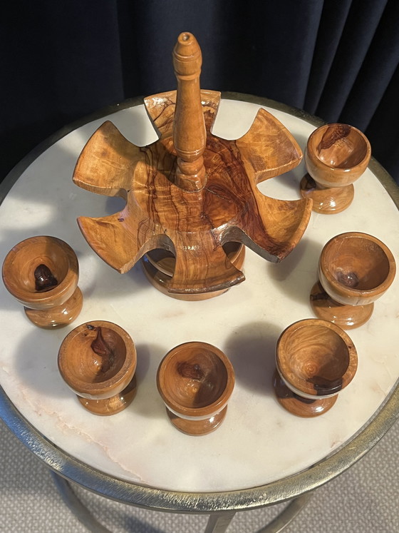 Image 1 of Set di portauova in legno vintage di metà secolo su giostra (7 pezzi)