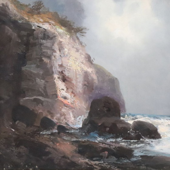 Image 1 of Seascape with Cliff, Oil Painting on Canvas, Italy 20th Century