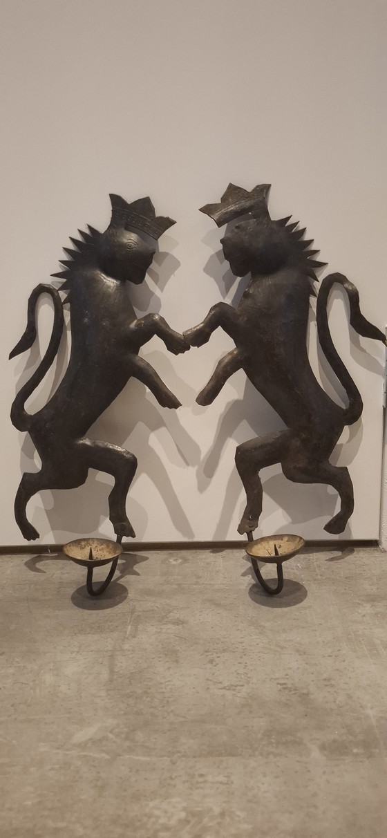 Image 1 of Set of 2 Rare Antique Wrought Iron Wall Sconces - Exclusive Antique Lions