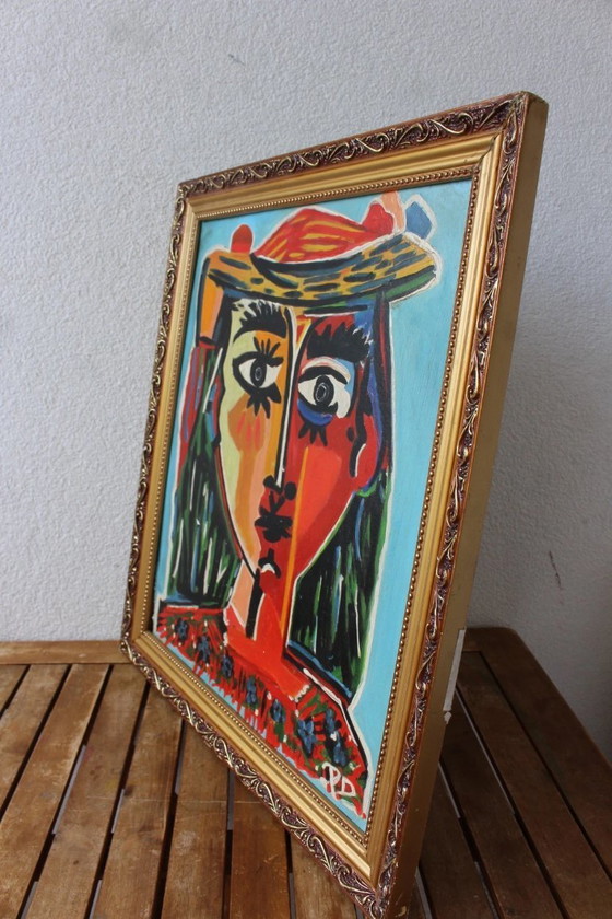 Image 1 of Ritratto a olio cubista/astratto d'epoca originale - Monogramma firmato