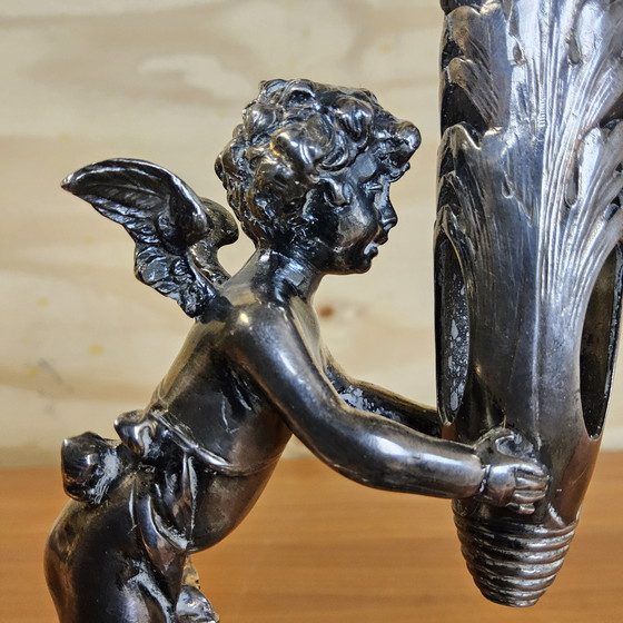 Image 1 of Antique silver-plated vase / bougeoir / candlestick cherub / angel