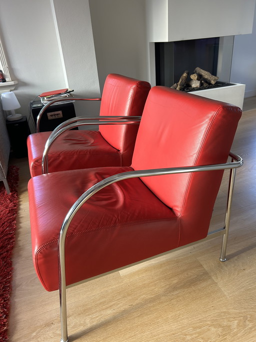 2X Cristian Red Leather Italian Armchairs