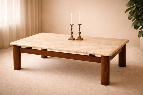 Image 1 of Brutalist coffee table travertine and wenge wood