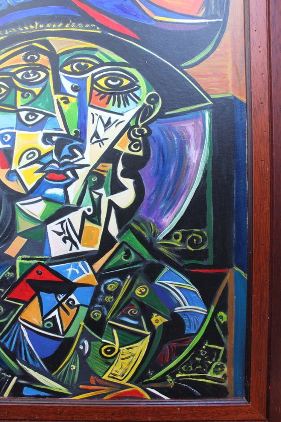 Image 1 of Contemporary Cubist Style Figurative Acrylic Modernistic Painting After Pablo Picasso, Circa 1980