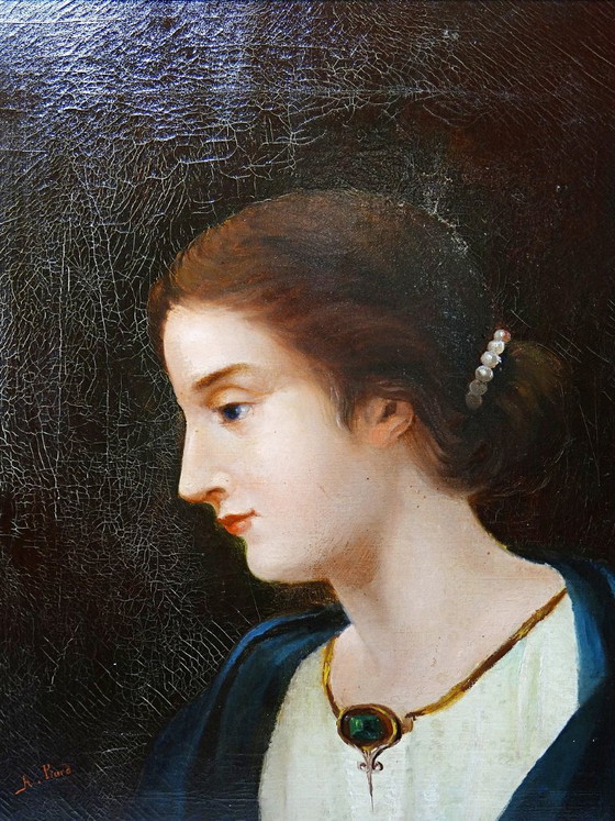 Image 1 of Antique portrait of a young woman in profile, oil on canvas, A. Piard, 19th century