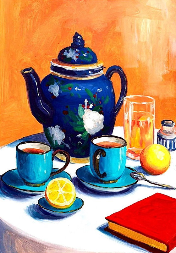 Image 1 of Acrylic painting by the artist E. García "La vajilla azul" 100x70 cm