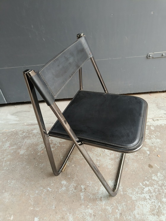 Image 1 of Zwart Lederen Vintage Jaren 70 "Tamara" Folding Chair by Arrben Italy