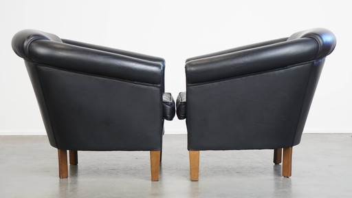 2 x Black English Style Beef Leather Club Chair