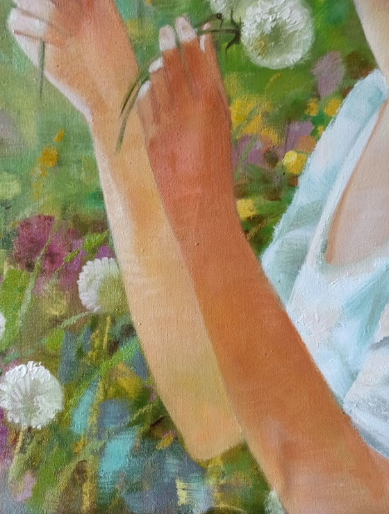 Original Oil Painting Abstract Figurative Girl Meadow Dandelions – Paintings & Drawings, Canvas (photo 10 of 12)