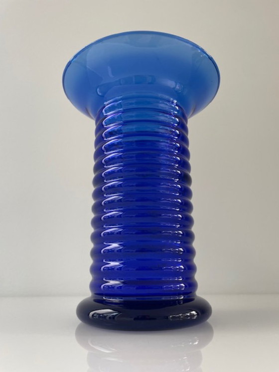 Image 1 of Postmodern vintage vase blue ribbed glass 22 cm