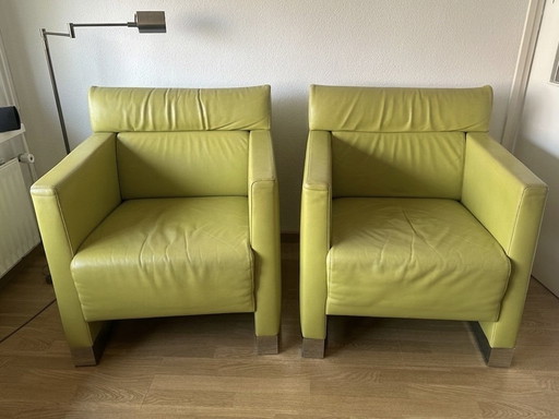 Ensemble de 2 fauteuils Artanova – Design suisse – Cuir vert citron de haute qualité