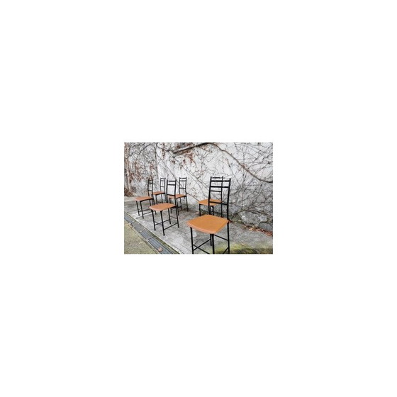 Image 1 of Set of 6 vintage aluminum and brown leather dining chairs by Ycami, 1980