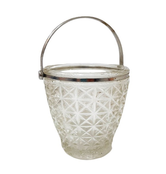 Image 1 of Vintage clear cut or pressed glass ice bucket with a metal handle