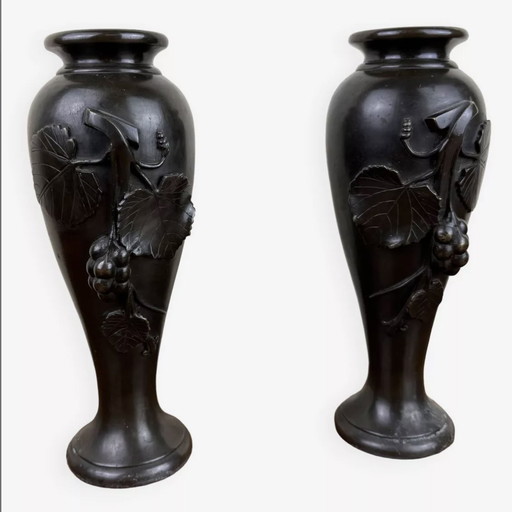 Paire De Vases En Bronze Époque Art Nouveau Vers 1900 Vintage