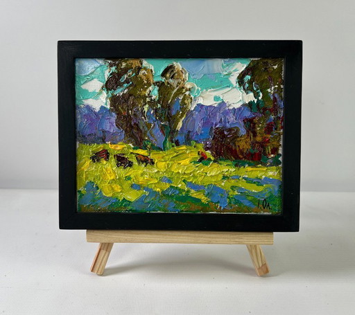 Original Oil Painting Summer Field Landscape At the Source