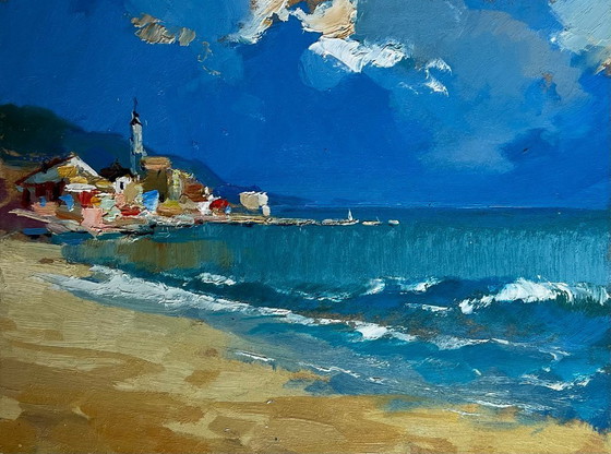 Image 1 of Original Oil Painting Summer Beach Landscape Walking along the sandy shore