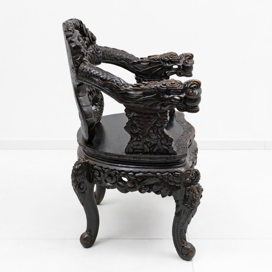 Image 1 of Pair of Chinese Qing Dynasty Carved Dragon Armchairs, Ebonized Hardwood, 19th