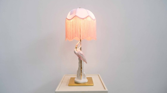 Image 1 of Lampe à table Flamingo vintage | Régence d'Hollywood | Fransenschirm | Céramique