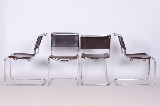 Set van vier originele Bauhaus-stoelen, echt leer, chroom, Duitsland, jaren 1930 – Eetkamerstoelen, Leather (photo 11 of 11)