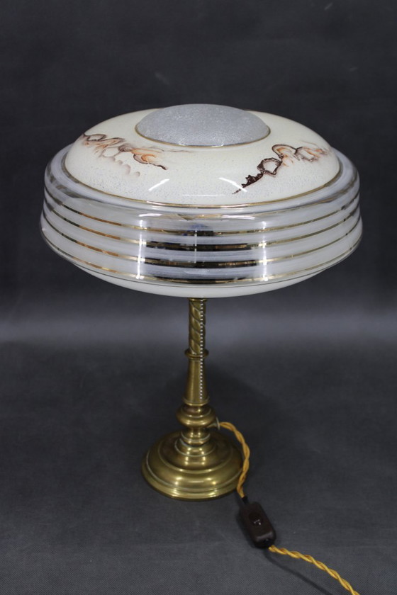 Image 1 of 1940s Restored Brass Table Lamp with Glass Shade