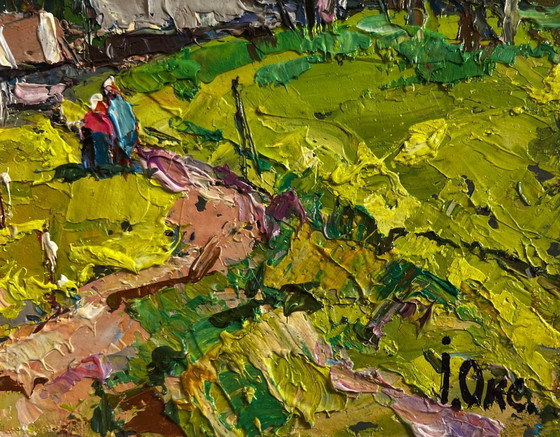 Image 1 of Original Oil Painting Summer Houses Landscape On the edge of the village