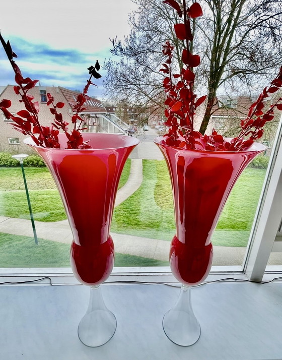 Image 1 of 2 red and white vases with 5 decorative branches made of glass