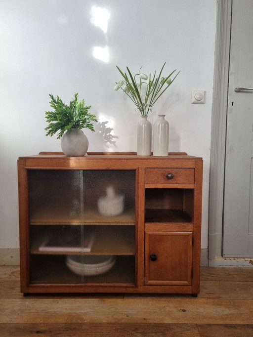 Buffet/armoire vintage à portes coulissantes, verre structuré