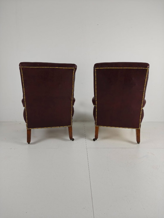 Pair of Antique Library Chairs - Original William Morris & Co Edinburgh Stamped Armchairs – Leather (photo 8 of 18)