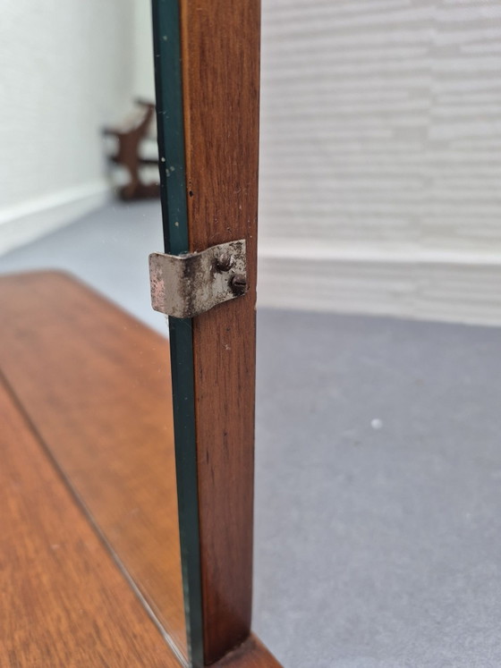 Vintage XXL Mid-Century mirror with shelf in teak veneer., Wood, Brown (photo 4 of 10)