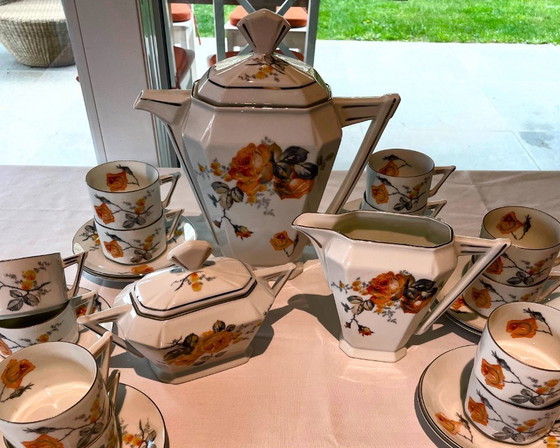 Image 1 of Vintage Eichwald theeservies voor 12 personen – Art Deco porseleinen servies – Oranje rozenpatroon